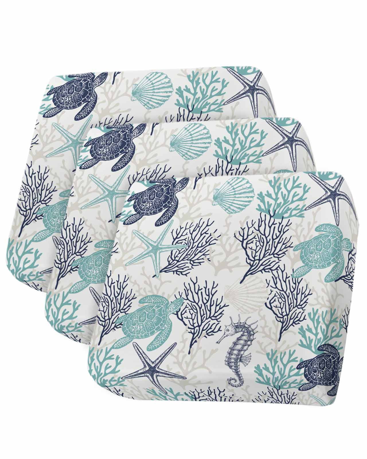 Teal Blue Coastal Couch Cushion Covers Stretch, Washable Sofa Seat Covers Individual Seat Cushion Sofa Slipcovers Sea Turtle Nautical Coral Summer Beach Couch Cover Furniture Protector S-3PCS