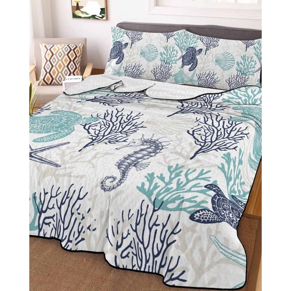 Teal Blue Coastal Full Size Down Alternative Comforter, Lightweight Comforter Quilt Bedding Set with Pillow Shams Sea Turtle Nautical Coral Summer Beach All Seasons Bed Comforter Duvet Insert 78"x90"