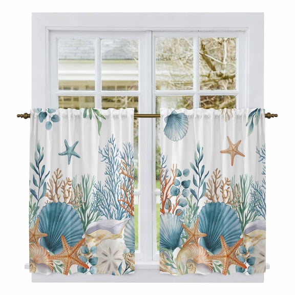 Teal Blue Coastal Kitchen Curtains 54 Inch Length, Summer Beach Starfish Shell Coral Nautical Tiers Curtains for Bathroom Bedroom Cafe, Light Filtering Window Treatment Drapes 2 Panels 42"Wx54"L