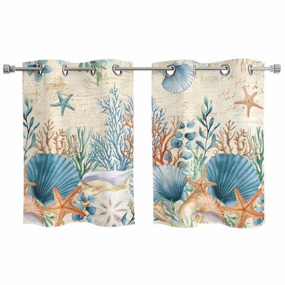 Teal Blue Coastal Kitchen Curtains Window Panels, Summer Beach Starfish Shell Coral Nautical Retro Insulated Window Treatment Curtain, Grommet Curtains for Bedroom/Living Room, 2 Piece 27.5"Wx39"L