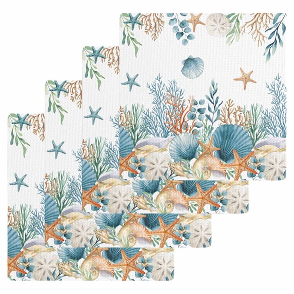 Teal Blue Coastal Kitchen Dish Towels for Drying Dishes Set of 4, Summer Beach Starfish Shell Coral Nautical Waffle Weave Microfiber Hand Tea Bathroom Towels Quick Dry & Absorbent Towel 12x12