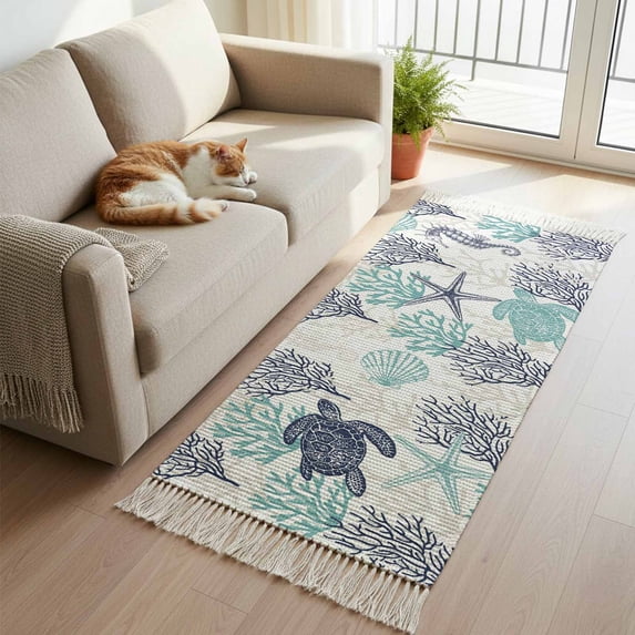 Teal Blue Coastal Kitchen Runner Rug 2'x4',Sea Turtle Nautical Coral Summer Beach Washable Rug with Tassels,Non Slip Woven Cotton Bathroom Rugs Hallway Carpet for Foyer Bedroom Entry Back Door Decor
