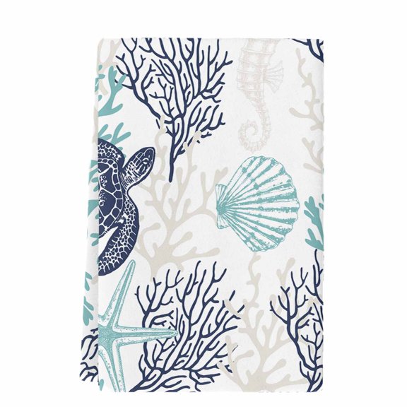 Teal Blue Coastal Kitchen Towels Set of 1, Absorbent Microfiber Dish Tea Towels with Hanging Loop, Sea Turtle Nautical Coral Summer Beach Resuable Hand Towel for Home Kitchen Cooking Cleaning 18"x28"
