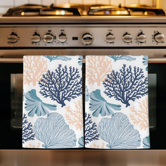 Teal Blue Coastal Kitchen Towels Set of 1, Summer Coral Beach Nautical Absorbent Dish Towels for Kitchen, Microfiber Hand Towel, Quick Drying Tea Towel for Cleaning Decorative Dishcloths