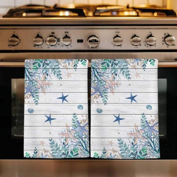 Teal Blue Coastal Kitchen Towels Set of 2, Starfish Beach Nautical Coral Vintage Absorbent Dish Towels for Kitchen, Microfiber Hand Towel, Quick Drying Tea Towel for Cleaning Decorative Dishcloths