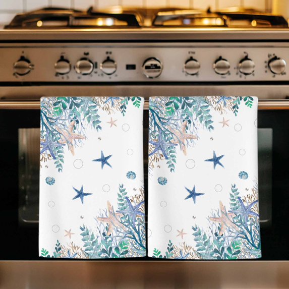 Teal Blue Coastal Kitchen Towels Set of 2, Summer Beach Nautical Coral Starfish Absorbent Dish Towels for Kitchen, Microfiber Hand Towel, Quick Drying Tea Towel for Cleaning Decorative Dishcloths