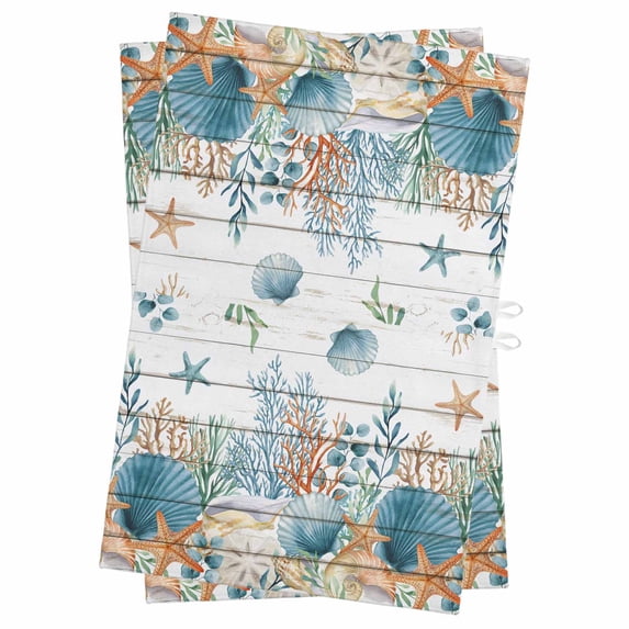 Teal Blue Coastal Kitchen Towels Set of 2, Water Absorbent Dish Towel, Summer Beach Starfish Shell Coral Nautical Vintage Decorative Hand Towels - Quick Drying Cloth for Cooking Baking, 18x28 Inch