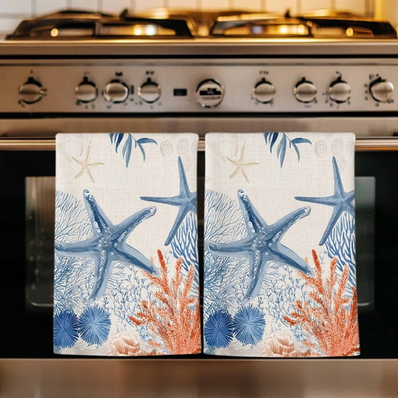 Teal Blue Coastal Kitchen Towels Set of 3, Starfish Coral Shell Rustic Summer Ocean Absorbent Dish Towels for Kitchen, Microfiber Hand Towel, Quick Drying Tea Towel for Cleaning Decorative Dishcloths