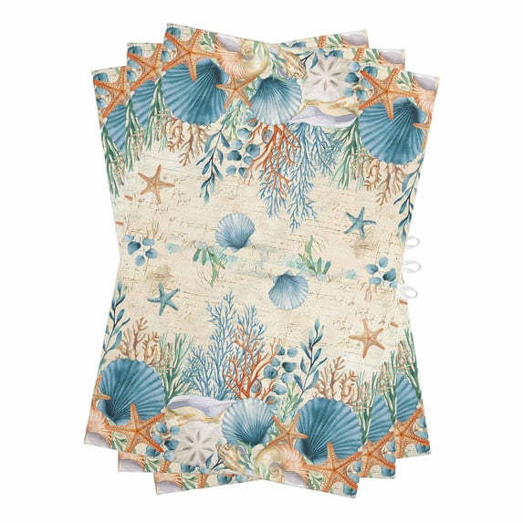 Teal Blue Coastal Kitchen Towels Set of 3, Water Absorbent Dish Towel, Summer Beach Starfish Shell Coral Nautical Retro Decorative Hand Towels - Quick Drying Cloth for Cooking Baking, 18x28 Inch