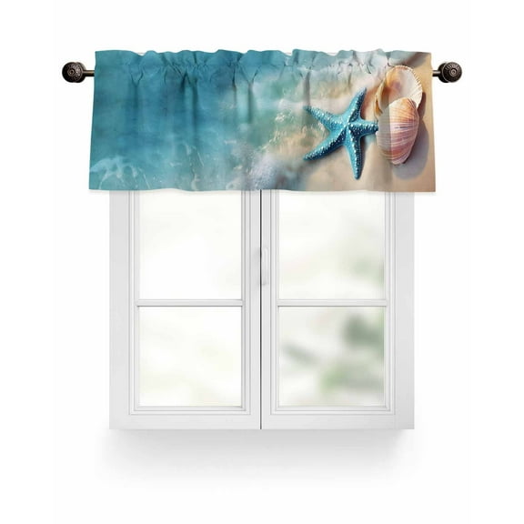 Teal Blue Coastal Ocean Kitchen Valances for Windows Sandy Beach Starfish Shells Valance Curtains for Kitchen /Living Room/Bedroom/ Bathroom Decor, 54"x18 " ,Rod Pocket 1 Panel,