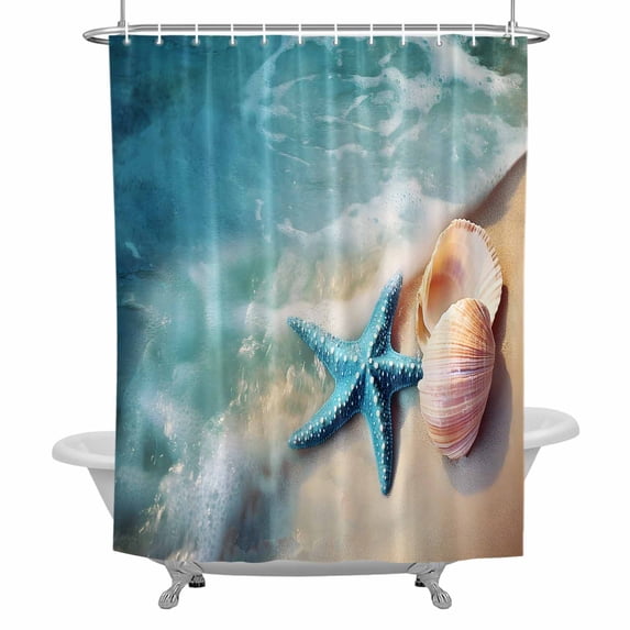 Teal Blue Coastal Ocean Shower Curtain Set with Hooks, Sandy Beach Starfish Shells Waterproof Fabric Bathroom Curtains Decor Home Accessories,72 X 84 Inch Extra Long