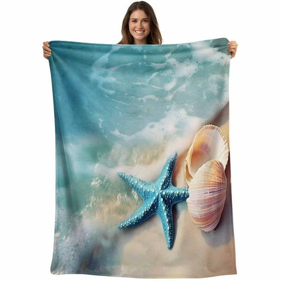 Teal Blue Coastal Ocean Throw Blankets, Sandy Beach Starfish Shells Soft Fleece Blanket Decorative for Home Sofa Couch Chair Living Bedroom, 32x48 Inches,