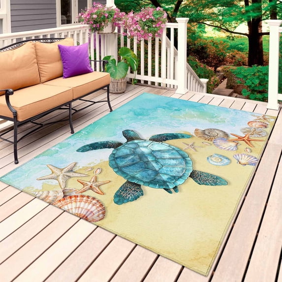 Teal Blue Coastal Outdoor Rug 3x5 Ft, Non Slip Washable Area Rug, Summer Beach Turtle Nautical Patio Rugs Carpet Runner, Large Floor Mat for Indoor/Outdoor Deck Porch Camping