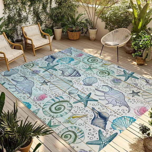 Teal Blue Coastal Outdoor Rug for Patio/Deck/Porch, Non-Slip Large Area Rug 3 x 5 Ft, Nautical Starfish Shells Ocean Sea Indoor Outdoor Rugs Washable Area Rugs, Reversible Camping Rug Carpet Runner