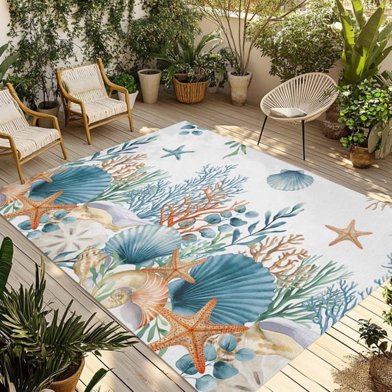 Teal Blue Coastal Outdoor Rug for Patio/Deck/Porch, Non-Slip Large Area Rug 5 x 7 Ft, Summer Beach Starfish Shell Coral Nautical Indoor Outdoor Rugs Washable Area Rugs, Camping Rug Carpet Runner