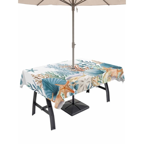 Teal Blue Coastal Outdoor Tablecloth - 60x120 Inch Rectangle Dining Table Cover, Summer Beach Starfish Shell Coral Nautical Waterproof Outdoor Table Cloth with Umbrella Hole & Zipper for Picnic/Patio
