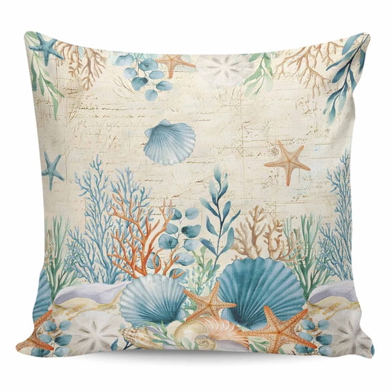Teal Blue Coastal Pillow Covers 18x18 Inch Decorative Throw Pillow Cover, Summer Beach Starfish Shell Coral Nautical Retro Sofa Pillowcases Accent Cushion Case Home Decor Bedroom Living Room