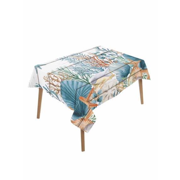 Teal Blue Coastal Rectangle Tablecloth, Summer Beach Starfish Shell Coral Nautical Vintage Waterproof & StainResistant Tablecloth, Washable Oil-proof Table Cover for Dining/Party/Wedding 52x70 In