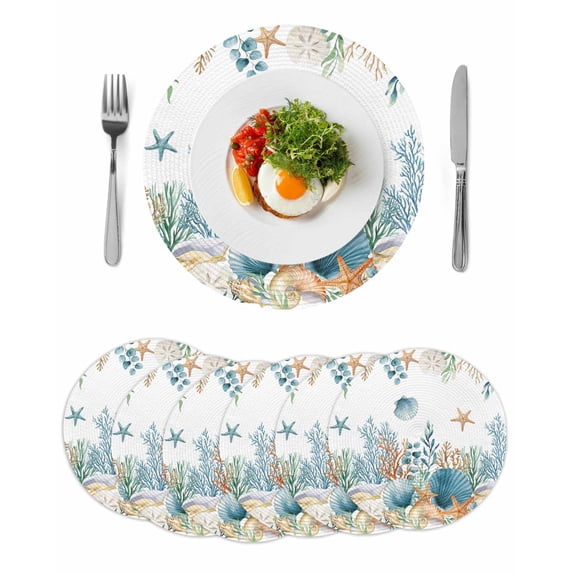 Teal Blue Coastal Round 13 Inch Placemats Set of 6, Summer Beach Starfish Shell Coral Nautical HeatResistant Non Slip Place Mats for Dining Table, Wipeable Braided Kitchen Table Mats for Housewarming