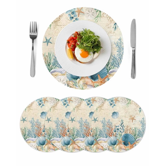 Teal Blue Coastal Round 15 Inch Placemats Set of 4, Summer Beach Starfish Shell Coral Nautical Retro HeatResistant Non Slip Place Mats for Dining Table, Wipeable Kitchen Table Mats for Housewarming