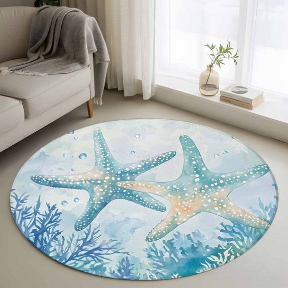 Teal Blue Coastal Round Area Rug 3.3 FT, Non Slip Small Entryway Kitchen Mat, Summer Ocean Starfish Coral Washable Soft Circular Rug Non-Shedding Door Mat for Bathroom Playroom Kids Room