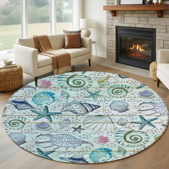 Teal Blue Coastal Round Area Rug 6Ft Washable Circle Rugs for Bathroom Office, Nautical Starfish Shells Ocean Sea Non-Slip Carpet Floor Mats Indoor Outdoor Carpet Runner Aesthetic Home Decor
