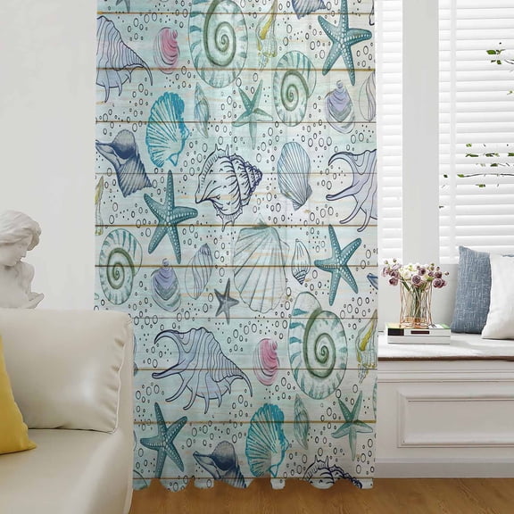 Teal Blue Coastal Semi Sheer Curtains Drapes for Living Room, Bedroom, French Doors Window 72 Inches Long, Nautical Starfish Shells Ocean Sea Rod Pocket Chiffon Curtain Drapery Voile Draperies Panel
