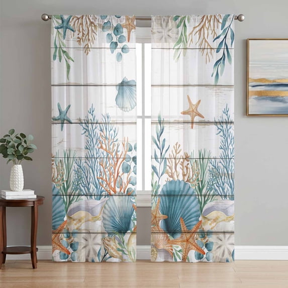 Teal Blue Coastal Sheer Curtains 63 Inch Length 2 Panels Set Window Treatments, Summer Beach Starfish Shell Coral Nautical Vintage Semi Curtains for Living Room/Bedroom/Kitchen, 104"W x 63"L