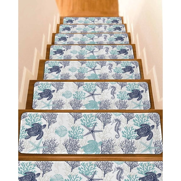 Teal Blue Coastal Stair Treads Non Slip Runners Rugs, 10 Pcs Carpet for Stairs with Adhesive, Sea Turtle Nautical Coral Summer Beach Stair Mats Pads Indoor Stair Treads for Wooden Steps 8"x30"