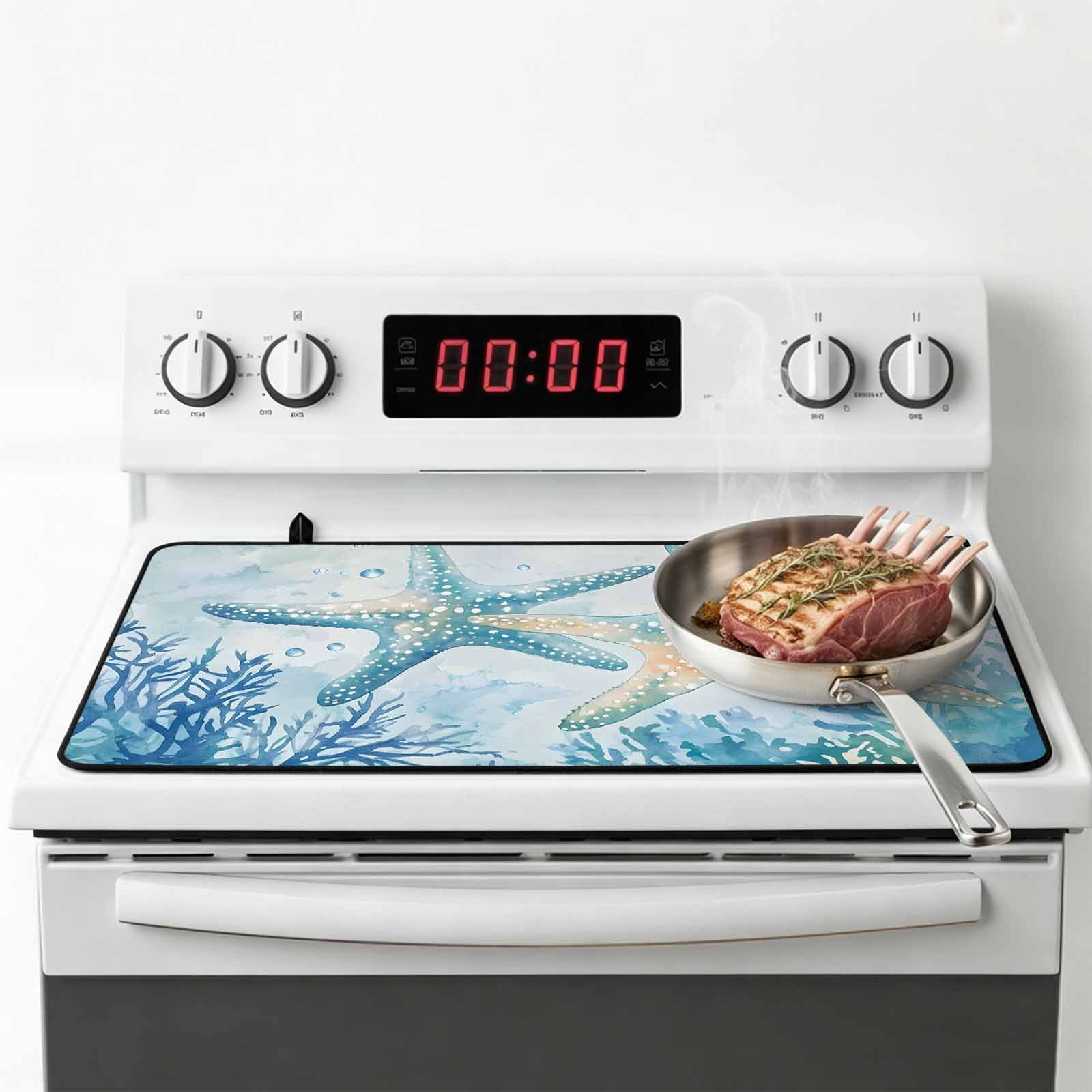 Teal Blue Coastal Stove Top Cover for Electric Stove, Heat-proof & Non Slip Glass Top Stove Cover Protector, Summer Ocean Starfish Coral Kitchen Flat Cooktop Rubber Mat 24x21 Inches