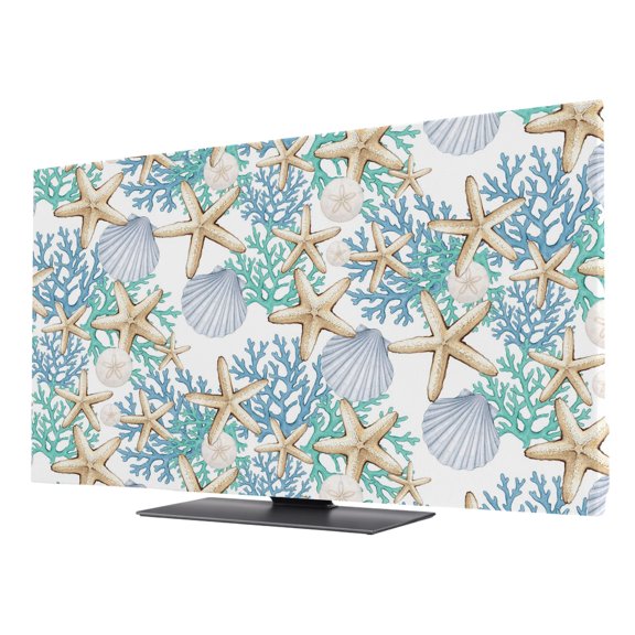 Teal Blue Coastal TV Cover for 24 Inch Screen,Stretch Fabric Dustproof TV Display Protector,Summer Ocean Starfish Corals Shells Elastic Slipcover Monitor Cover for Indoor Desktop Computer 20.9"x11.8"