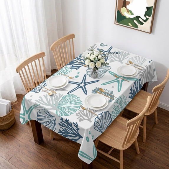 Teal Blue Coastal Table Cloth Waterproof Tablecloths, Summer Beach Coral Shell Ocean Tablecloth Dining Table Cover for Kitchen Party Tabletop Outdoor, Rectangle Tablecloth 60x84 Inch