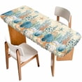 thumbnail image 1 of Teal Blue Coastal Table Cloths for 8 Foot Rectangle Tables, Summer Beach Starfish Shell Coral Nautical Retro Patio Waterproof Elastic Fitted Tablecloths, Washable Rectangular Table Cover for Camping, 1 of 8