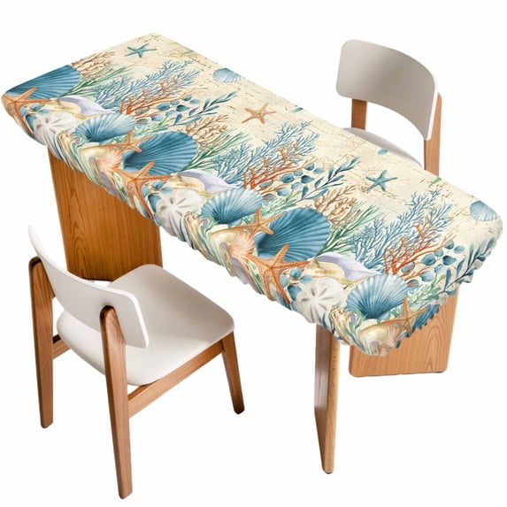 Teal Blue Coastal Table Cloths for 8 Foot Rectangle Tables, Summer Beach Starfish Shell Coral Nautical Retro Patio Waterproof Elastic Fitted Tablecloths, Washable Rectangular Table Cover for Camping