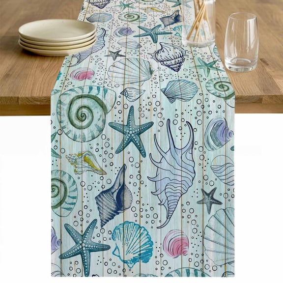 Teal Blue Coastal Table Runner 36 Inches Long Farmhouse Dress Scarves, Nautical Starfish Shells Ocean Sea Dining Tablerunner for Coffee Table/Kitchen Island/Party Décor, Small 13" x 36"