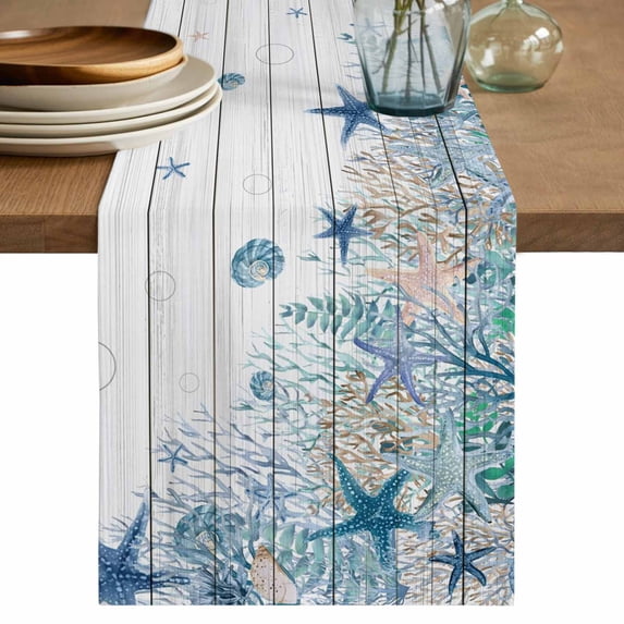 Teal Blue Coastal Table Runner 70 Inches, Starfish Beach Nautical Coral Vintage Bed Runner Dresser Scarves Tabletop for Indoor Outdoor Parties/Ceremony/Banquet, 13" x 70"