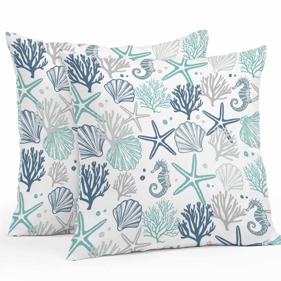 Teal Blue Coastal Throw Pillow Covers 16x16 Inch Set of 2, Summer Beach Coral Shell Ocean Waterproof Outdoor Pillow Covers, Decorative Cushion Pillowcases for Couch, Sofa, Bed, Garden, Patio
