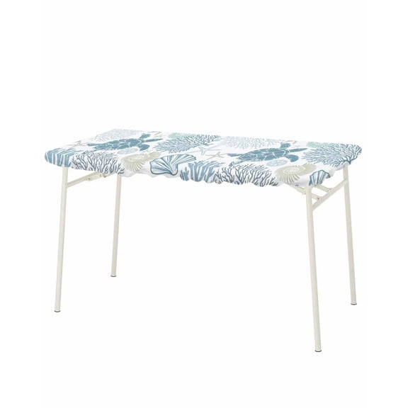 Teal Blue Coastal Turtle Rectangle Tablecloth, Waterproof Elastic Fitted Table Covers for 8 Foot Tables, 32x96inch Decorative Tablecloths for Picnic, Camping, Indoor, Outdoor, Ocean Coral Nautical