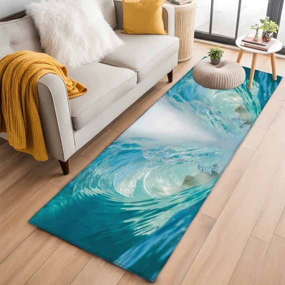 Teal Blue Coastal Wave 2'x6' Runner Rugs for Hallway Kitchen Bedside Non Slip Washable, Modern Summer Ocean Beach Sea Entryway Rug Runners with Rubber Backing, Long Carpet Runner for Laundry Room