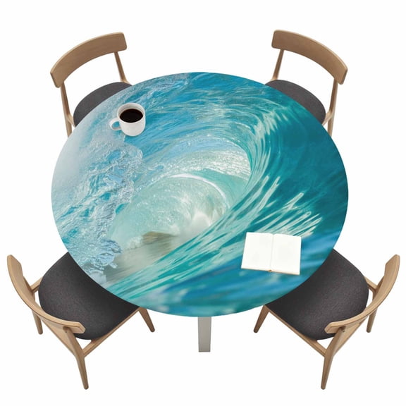 Teal Blue Coastal Wave Fitted Tablecloth with Elastic Edged, Round Table Cloth for Dining Table, Modern Summer Ocean Beach Sea Waterproof Oil Proof Table Cover for Indoor Outdoor 36"-44"