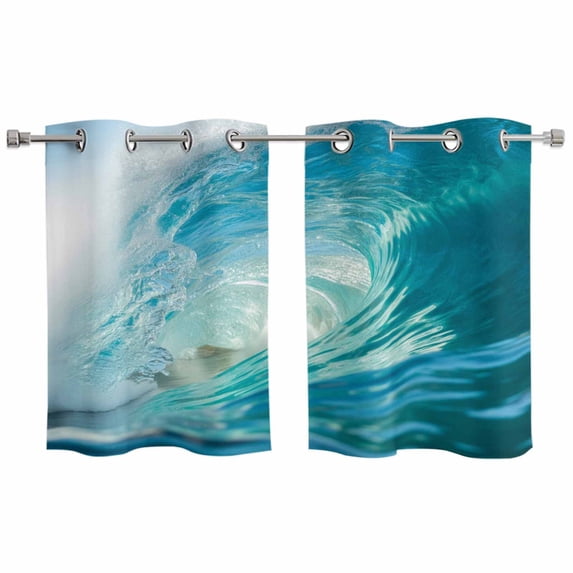 Teal Blue Coastal Wave Kitchen Curtains Window Panels, Modern Summer Ocean Beach Sea Insulated Window Treatment Curtain, Grommet Curtains for Bedroom/Living Room/Bathroom, 2 Piece 27.5"Wx39"L