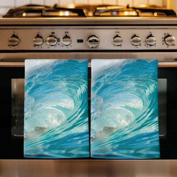 Teal Blue Coastal Wave Kitchen Towels Set of 4, Modern Summer Ocean Beach Sea Absorbent Dish Towels for Kitchen, Microfiber Hand Towel, Quick Drying Tea Towel for Cleaning Decorative Dishcloths