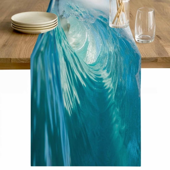 Teal Blue Coastal Wave Table Runner 36 Inches Long Farmhouse Dress Scarves, Modern Summer Ocean Beach Sea Dining Tablerunner for Coffee Table/Kitchen Island/Party Décor, Small 13" x 36"
