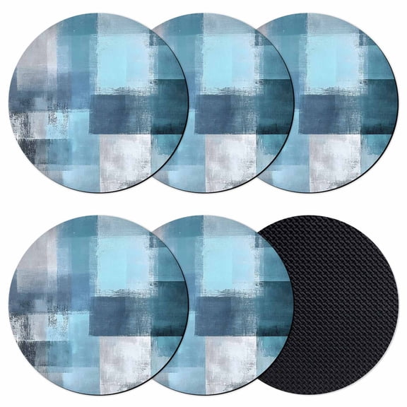 Teal Blue Coasters Set of 6, Soft Absorbent Coasters for Drinks, Modern Oil Painting Abstract Ombre Geometric Non-Slip Cup Coaster Mat with Rubber Bottom for Home Kitchen Coffee Bar Table Decor 4"
