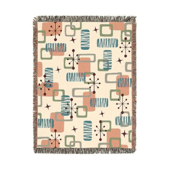 Teal Blue, Coral and Olive Atomic Starburst Woven Throw Blanket, 100% Cotton, Mid-Century Style for Home Decor