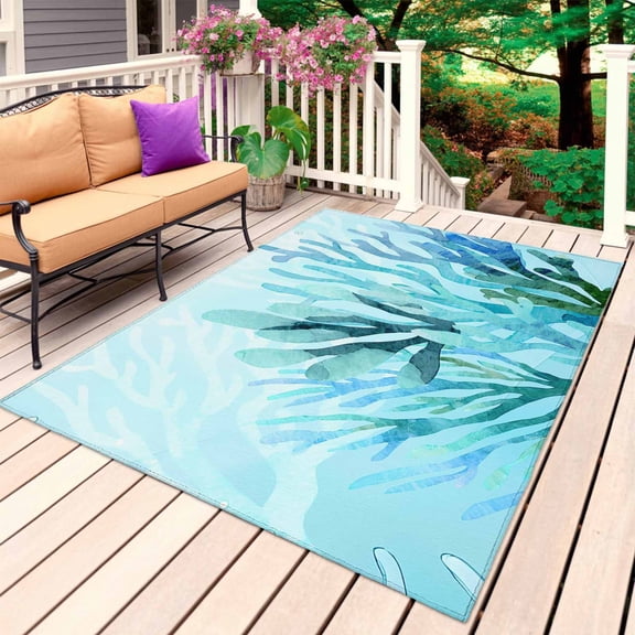 Teal Blue Corals Outdoor Rug 5x8 Ft, Non Slip Washable Area Rug, Summer Modern Coastal Ocean Sea Patio Rugs Carpet Runner, Large Floor Mat for Indoor/Outdoor Deck Porch Camping