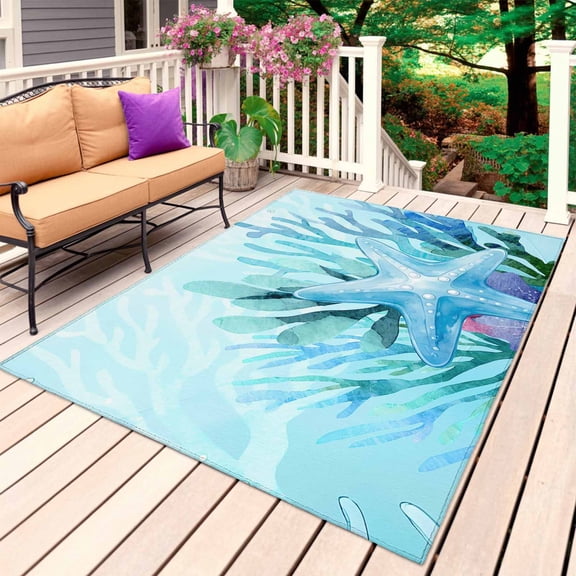 Teal Blue Corals Outdoor Rug 5x8 Ft, Non Slip Washable Area Rug, Summer Modern Coastal Ocean Sea Starfish Patio Rugs Carpet Runner, Large Floor Mat for Indoor/Outdoor Deck Porch Camping