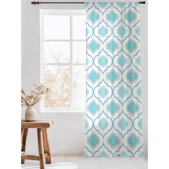 Teal Blue Cyan Sheer Curtains 108 Inch Long 1 Panel Morocco Geometric Abstract Light Filtering Curtain Drapes Rod Pocket Voile Window Curtain for for Living Room Bedroom 52" x 108"