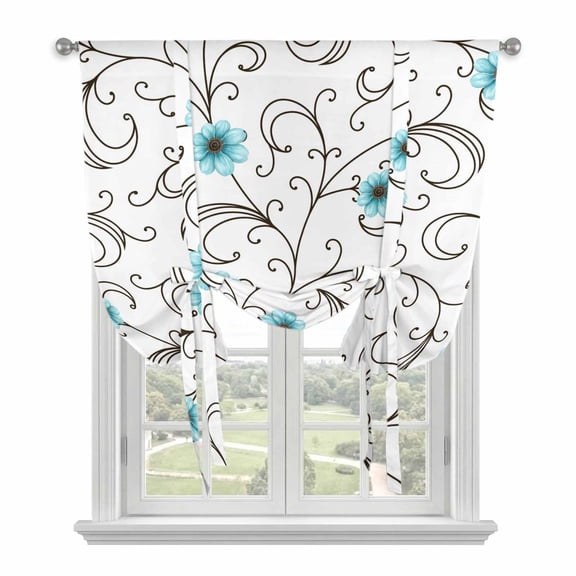 Teal Blue Daisy Flowers Tie Up Curtains for Small Windows,Adjustable Rod Pocket Valance 45 Inch Short, Spring Floral Elegant Pastoral Window Treatment Balloon Roman Blind Shade, 34" x 45"