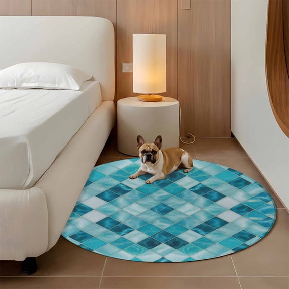 Teal Blue Diamond 3ft Round Rug for Bathroom Accent Bedside Corner, Modern Geometric Lines Vintage Washable Non Slip Circle Area Rug for Small Spaces